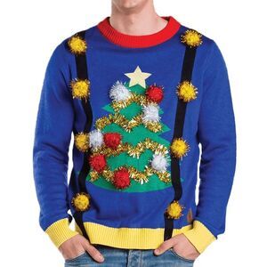 TIPSY ELVES Men's Ugly Christmas Sweater Sz M Gaudy Garland Tinsel Ornament Tree
